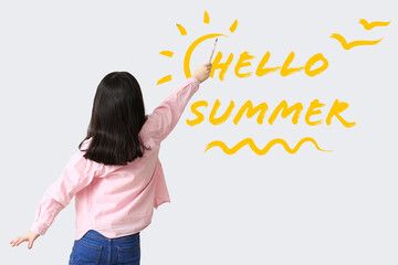 Sticker - Cute little artist writing text HELLO SUMMER on light background