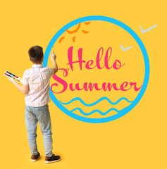 Sticker - Cute little artist writing text HELLO SUMMER on color background