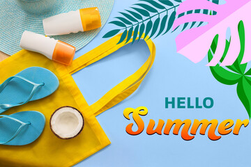 Sticker - Beach accessories and text HELLO SUMMER on color background