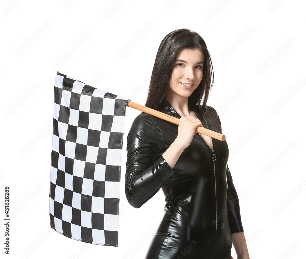 Beautiful young woman with racing flag on white background