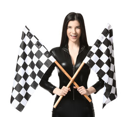 Beautiful young woman with racing flags on white background