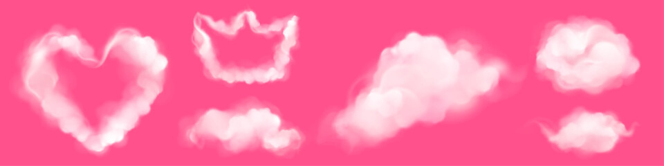 Wall Mural - Realistic clouds in shape of heart and crown. Fluffy spindrift or cumulus eddies flying isolated on pink background, weather and nature, meteorology and climate design elements, 3d vector icons set