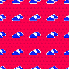 Blue Sun and cloud weather icon isolated seamless pattern on red background. Vector