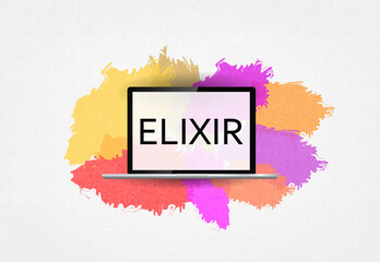 Elixir Programming Language.  Word Elixir on laptop 