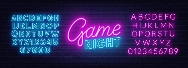 Wall Mural - Game night neon sign on brick wall background. Neon blue and pink alphabet.