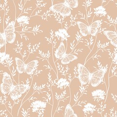 A pattern of butterflies and tree branches with leaves. Seamless image. Natural illustration. Design of wallpaper, fabrics, textiles, packaging, posters, postcards, wedding design.
