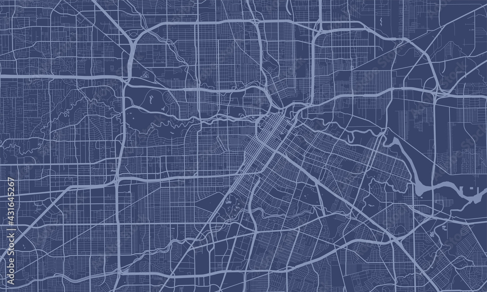 Dark blue Houston city area vector background map, streets and water ...