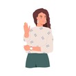 Woman ignoring smb by gesturing stop with hand, showing rejection sign. Person with dissatisfied facial expression. Mute communication. Colored flat vector illustration isolated on white background