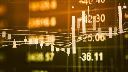 Abstract financial trading graphs and digital number of foreign exchange market trading on monitor. Background of gold and blue digital chart to represent stock market trend.