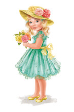 Сute Little Girl With Blond Hair In A Hat. With A Bouquet Of Roses. Good For Print, Postcards, Posters