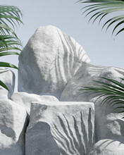White Stone Podium, Cosmetic Display Product Stand With Tropical Palm Leaves Background. 3D Rendering