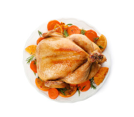 Roasted chicken with oranges and carrot isolated on white, top view