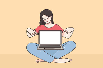 Copy space, screen, technology concept. Young smiling girl cartoon character sitting pointing with finger at laptop screen with blank white screen vector illustration 