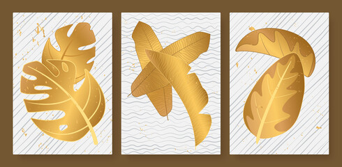 Tropical golden leaves vector illustration set. Exotic luxury abstract gold palm tree leaf, minimal foliage of tropics, vertical floral modern template background wall picture decoration