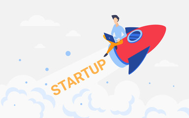 Poster - Rocket business startup project concept vector illustration. Cartoon businessman character flying on spaceship rocket, working with laptop on new idea business development innovation background