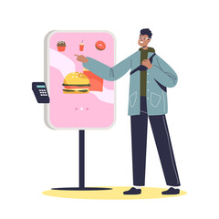 Man using self ordering service in fastfood cafe. Kiosk for buying and paying for food in terminal