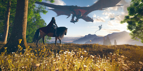 Wall Mural - King riding horse through a spring grass and trees in mountains with flying big dragons - concept art - 3d rendering