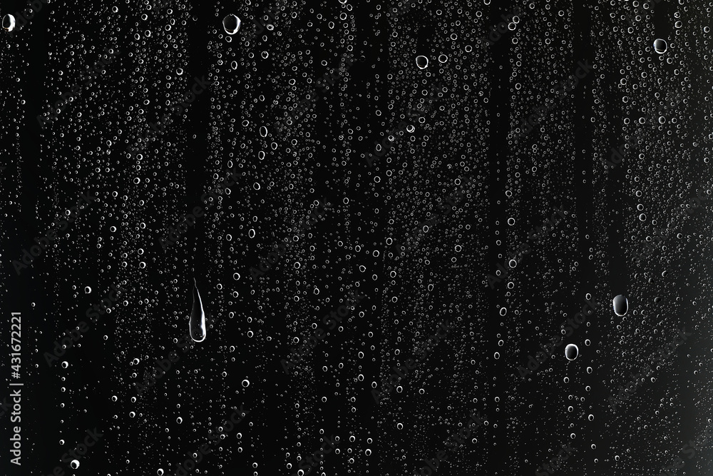 black wet background / raindrops for overlaying on window, concept of autumn weather, background of drops of water rain on glass transparent - obrazy, fototapety, plakaty 