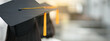 © EduLife Photos - Young happy Asian woman university graduate in graduation gown and cap in the college campus. Education stock photo
