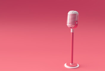 3D Render Retro microphone on short leg and stand, music award model template, karaoke, radio and recording studio sound equipment.