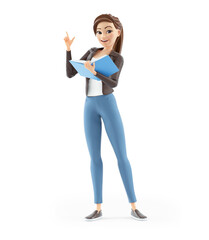 3d cartoon woman standing with book