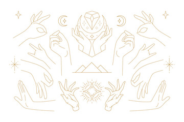 Wall Mural - female hands gestures collection of line art hand drawn style vector illustrations