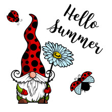 Gnome Ladybug, Love Gnomes, Quote Hello Summer Flying Ladybug, Black Polka Dots Bright Gnome Summer Cartoon Characters Hand Drawn Illustration For Print Greeting Cards