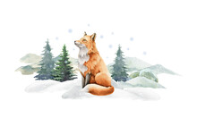Fox Animal In Winter Landscape. Watercolor Illustration. Wild Cute Red Fox In Winter Forest. Festive Image Print. Furry Animal With Red Fur On White Snow And Fir Trees. Side View Forest Animal