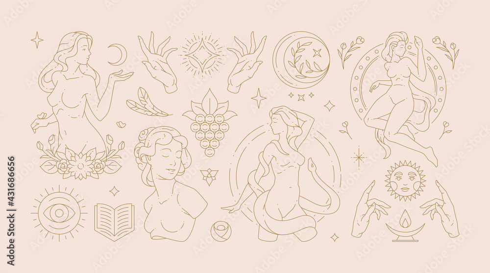 Magic woman boho vector illustrations of graceful feminine women and esoteric symbols set. - obrazy, fototapety, plakaty 