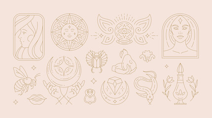 Wall Mural - Magic woman boho vector illustrations of graceful feminine women and esoteric symbols set.