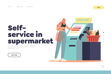 Canvas Print - Self-service in supermarket landing page with woman using self contactless cashier terminal