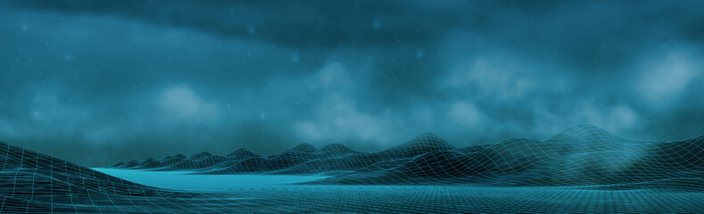 futuristic wave,wireframe landscape mountain,sky cloud background,valley structure,Sci-Fi Neon light glow network grid connection,abstract 3d technology illustration,3d render,banner header panoramic