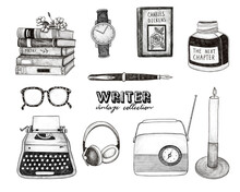 Writer Vintage Collection. Writing Icons, Hand-drawn Illustrations On White Isolated Background. Typewriter, Pen And Ink, Glasses, Retro Radio, Headphones, Candle, Wrist Watch, Books