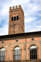 Sticker - The medieval Arengo Tower and the Palazzo del Podesta, ancient palace in in Renaissance style (1200 - XV century) in Piazza Maggiore, main square in Bologna downtown, Emilia Romagna, Italy, Europe.