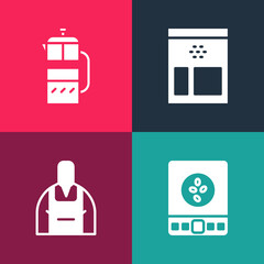 Poster - Set pop art Electronic coffee scales, Barista, Bag beans and French press icon. Vector