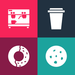 Poster - Set pop art Cookie or biscuit, Donut with sweet glaze, Coffee cup to go and machine icon. Vector