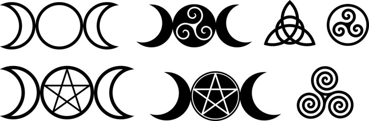 collection of magical wiccan and pagan symbols: pentagram, triple moon, spiral wheel of the year