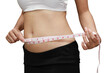 © feeling lucky - Closeup woman body fat overweight by measure tape stomach isolated and white background with clipping path