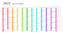 Year Planner, 2022 Calendar With Monthly Vertical Grid. Template Planner For Schedule, Events And Holidays. Vector Business Organizer, Calender Grid In Rainbow Colors