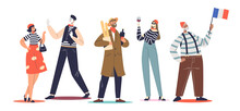 Typical French People Set: Mimes, Women In Berets Holding Baguettes And Red Wine