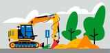 Fototapeta Dinusie - Construction machinery works at the site. Construction machinery, excavator on the background of a landscape of trees, sand. Vector illustration on background