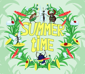 Sticker - Summer time illustration with floral wreath and beetles on green background.