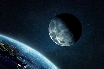 Wall Mural - Beautiful moon with craters near the amazing blue planet earth in outer space. Space and orbit, concept