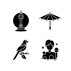 Wall Mural - Korean traditions black glyph icons set on white space. N Seoul tower. Traditional umbrella. Oriental magpie. K pop musician. Asian culture. Silhouette symbols. Vector isolated illustration