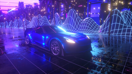 Wall Mural - 80s retro background 3d illustrationfuturistic car drive through neon city.