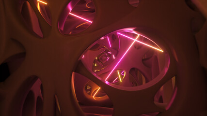 Wall Mural - flying through an abstract alien structure illuminated by neon lights. modern ultraviolet lighting. 