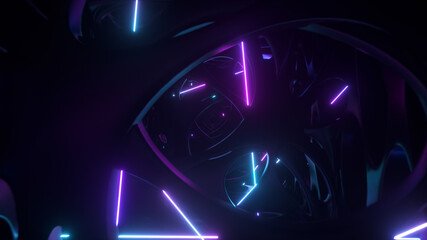 Wall Mural - flying through an abstract alien structure illuminated by neon lights. modern ultraviolet lighting. 