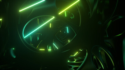 Wall Mural - flying through an abstract alien structure illuminated by neon lights. modern ultraviolet lighting. 