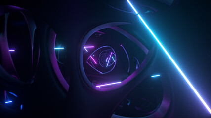 Wall Mural - flying through an abstract alien structure illuminated by neon lights. modern ultraviolet lighting. 