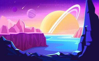 Wall Mural - alien planet landscape. space colonization panorama. vector fantasy illustration of cosmos and plane